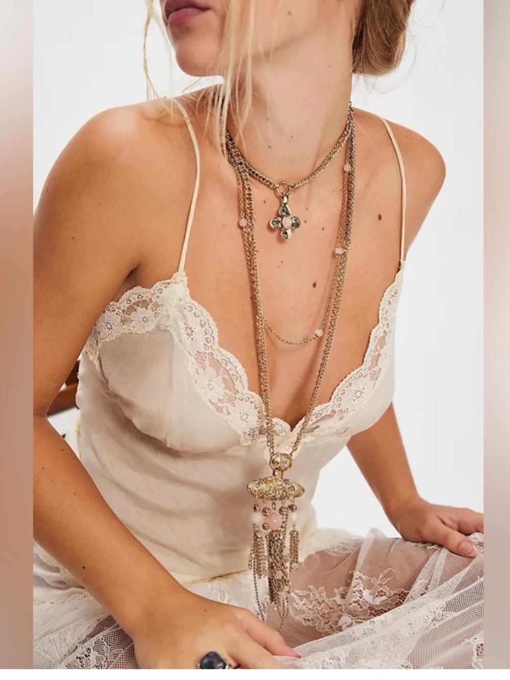 Free People Gold Layered Necklace  Beads &Tassel rose quartz Catrionia